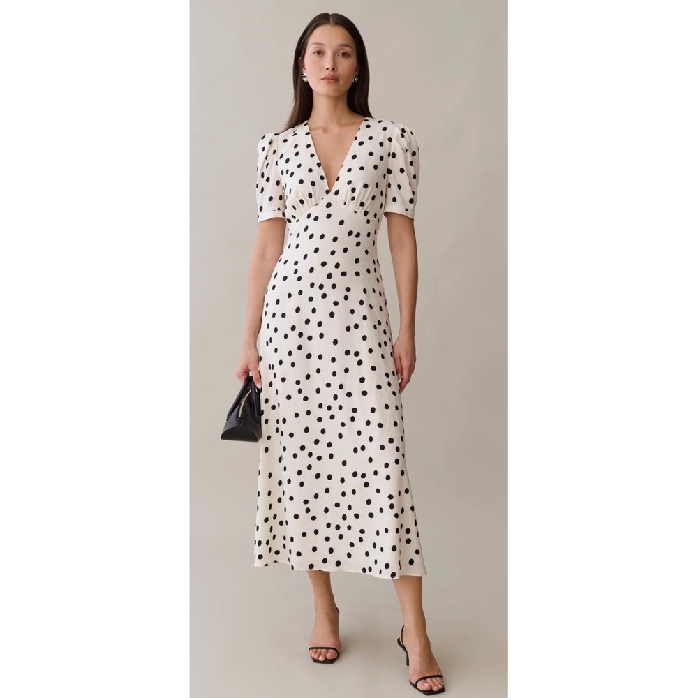 Sorella Atelier Alyssa Polka Dot Maxi Dress V-Neck Puff Sleeve Size 4 NEW